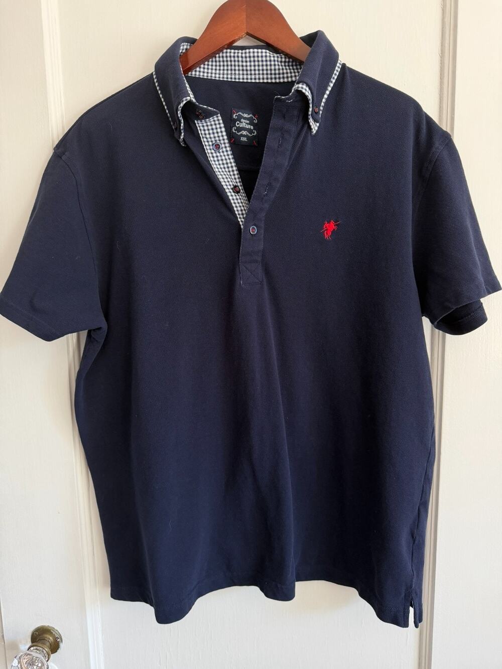 Denim Culture Polo Shirt Men 3XL Gingham Trim Button Down Collar Blue Cotton